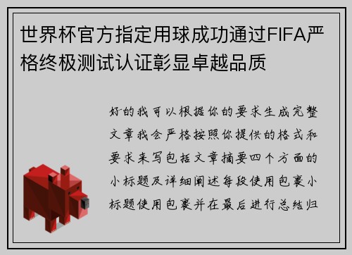 世界杯官方指定用球成功通过FIFA严格终极测试认证彰显卓越品质
