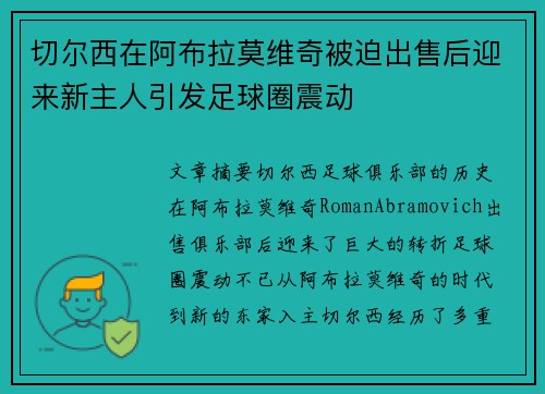 切尔西在阿布拉莫维奇被迫出售后迎来新主人引发足球圈震动